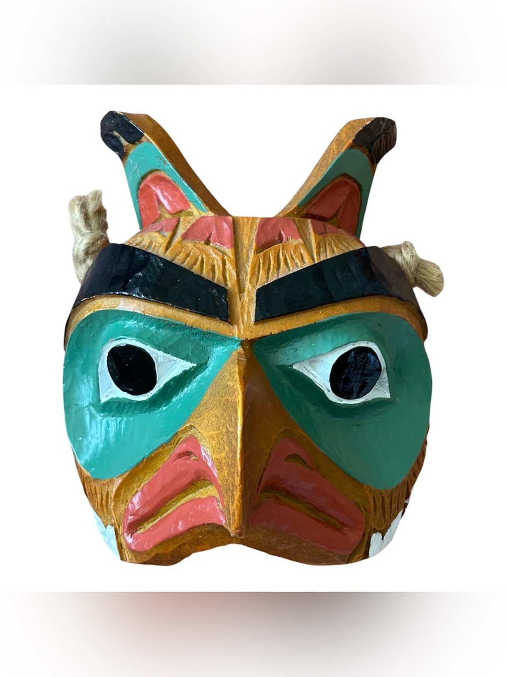 Hand-Painted Turquoise & Coral Folk Art Mask Decorative Wall Accent